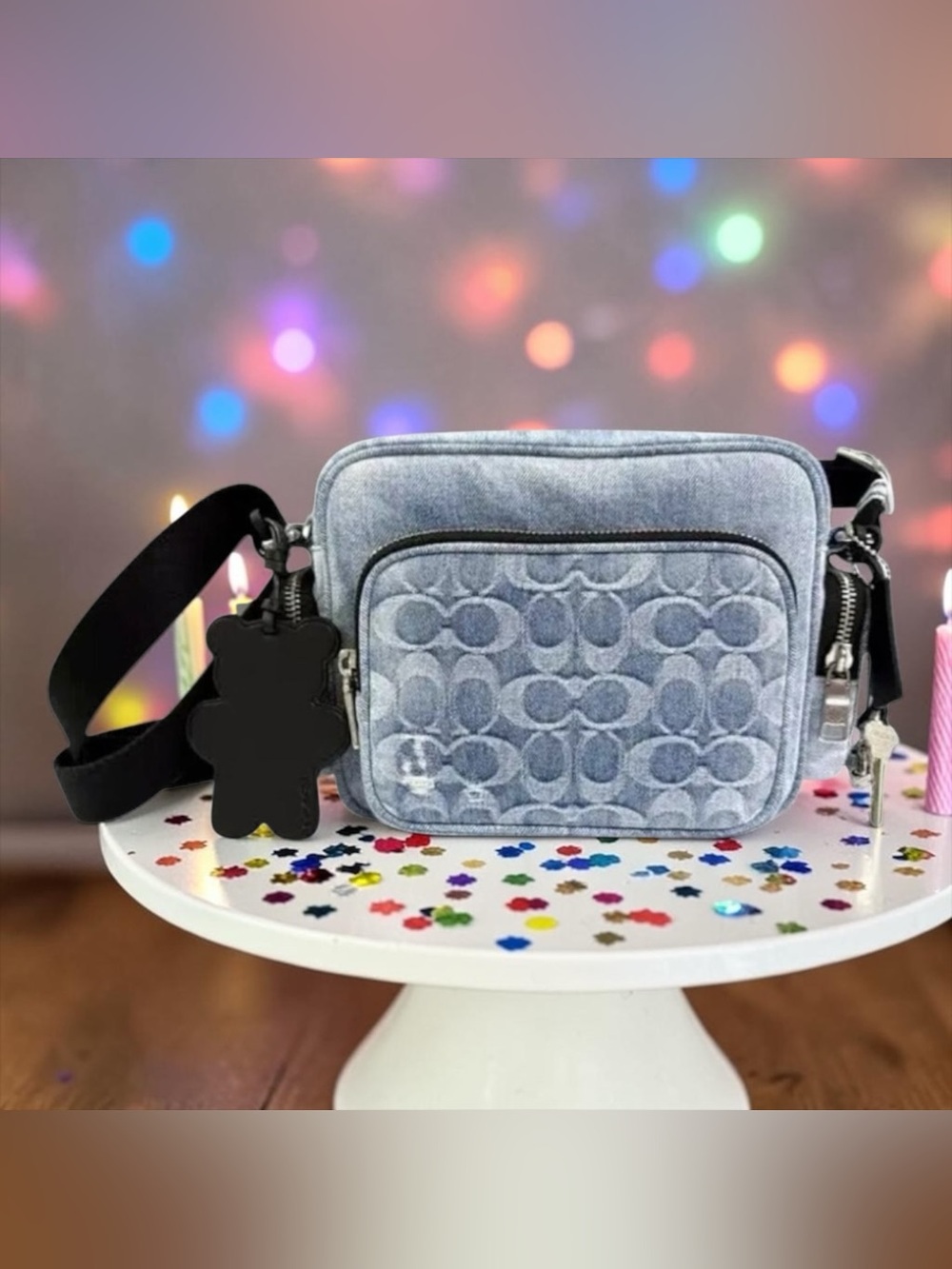 Coach NWT Denim Fletcher Crossbody.  Black Strap, Charms and Key